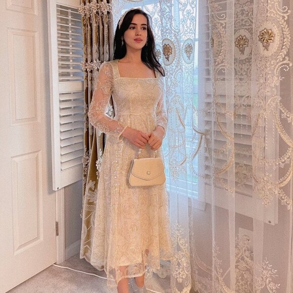 Midi Lace Floral Cream Christmas/New Year's Party Dress - Picture 1 of 5